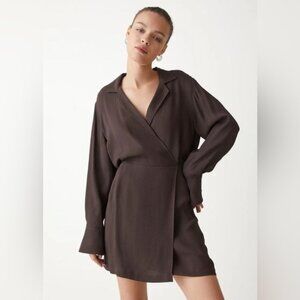 & Other Stories Collared Wrap Brown Long Sleeve Mini Dress Size 36 100% Viscose